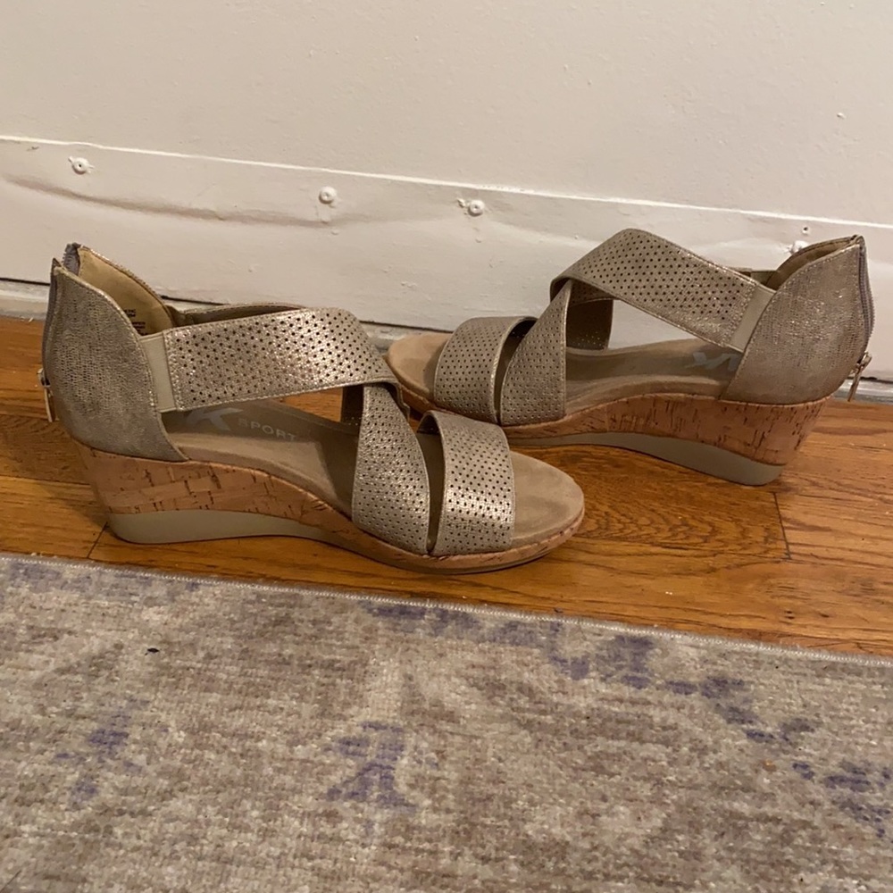 Gold and tan Wedge cork Anne Klein sandals with rubber sole